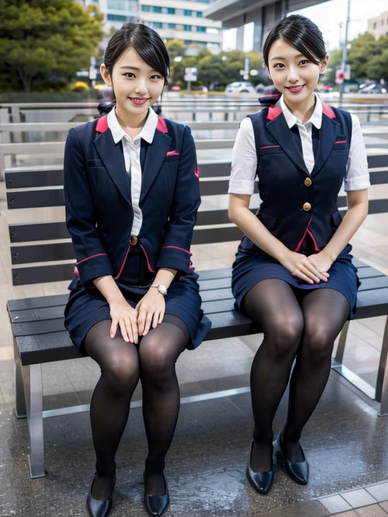 masterpiece, best quality, 1 girl, solo, 16 years old, (flat chest:1.3),skinny, Perfect Face, beautiful, extremely long hair, jal uniform, church, black pantyhose, pink lace panty, panties under pantyhose, japanese, (skirt lift:1.1), (show off panties:1.1), embarrassed, sit on a bench, full body,spread legs