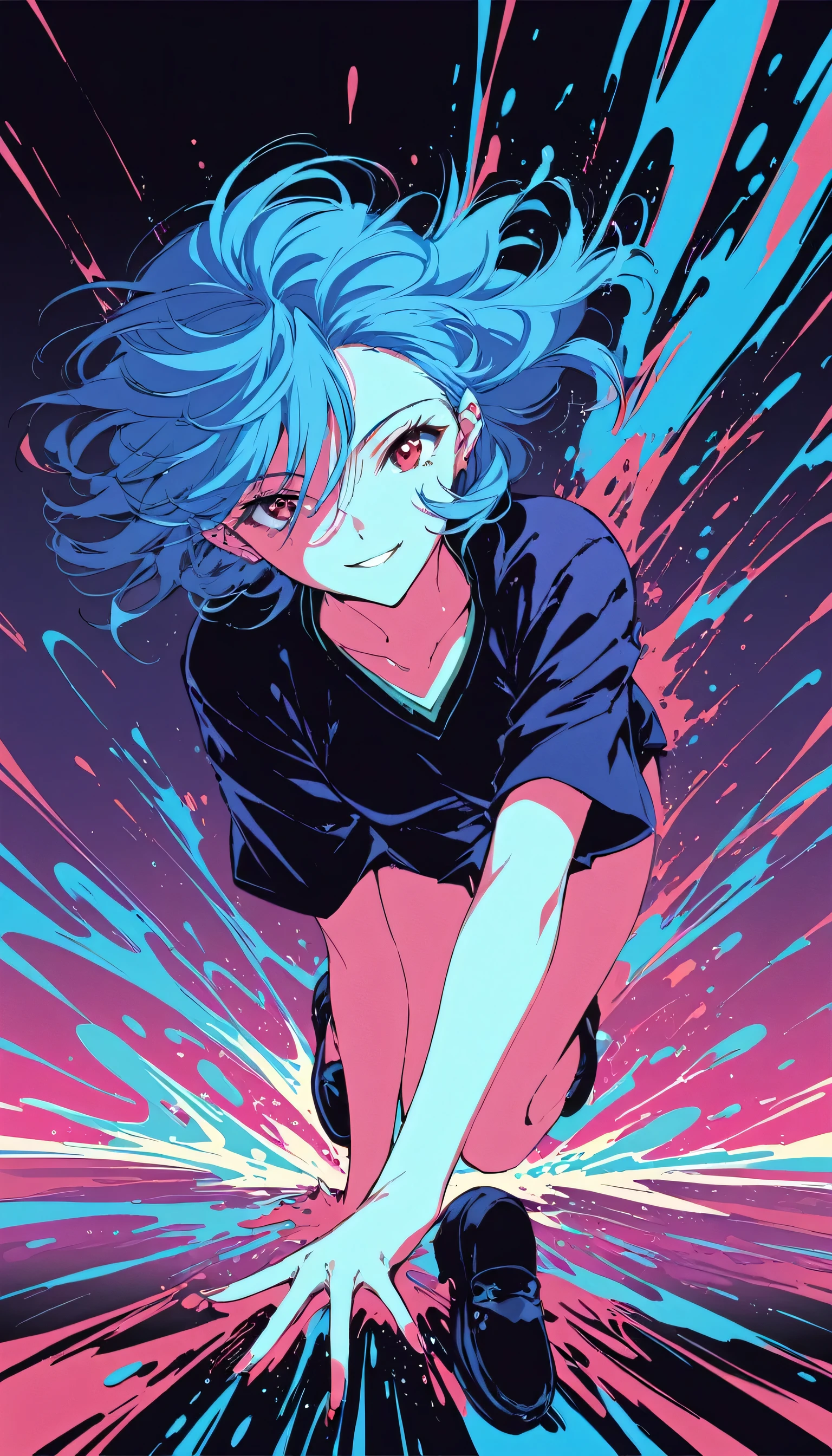 A masterpiece portrait of smiling Rei Ayanami (Evangelion), Evangelion (Hideaki), Caustics, High resolution illustrations, Red eyes, feminine, No students, Blue Hair, short hair, Japanese , loafers, Spank, Synthwave, paint Splashs, Shaded flat illustration, Digital Art, Trending on Art Station, Very detailed, The finer details, Complex, Splash, Overtake, Vaporware, Neon color
