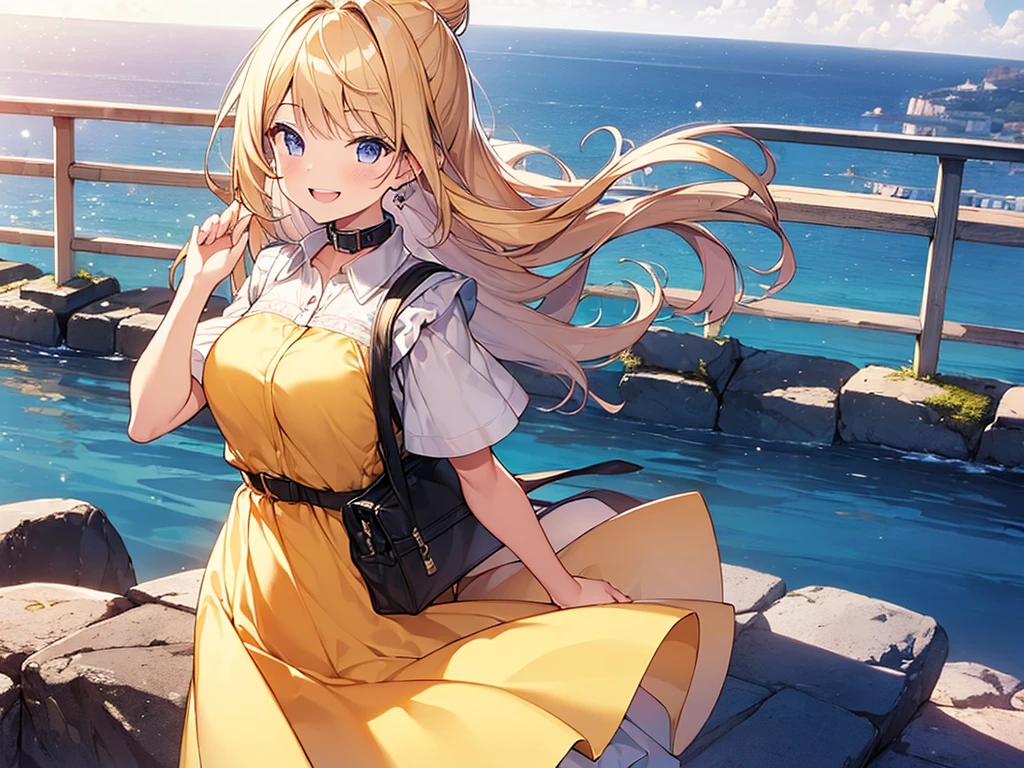 (Masterpiece, Top quality: 1.5), from side, 1 beautiful girl, solo, blond, walking, (Short sleeve dress with collar :1.3) , blond hair, medium hair, tying a bun back, Hair swaying in the wind, (15 year old:1.2), medium breasts, standard weight, one knapsack, (smile:1.5), blush :1.2, open mouth, beautiful scene , Mediterranean cityscape, (magnificent panorama view:1.2), dynamic pose