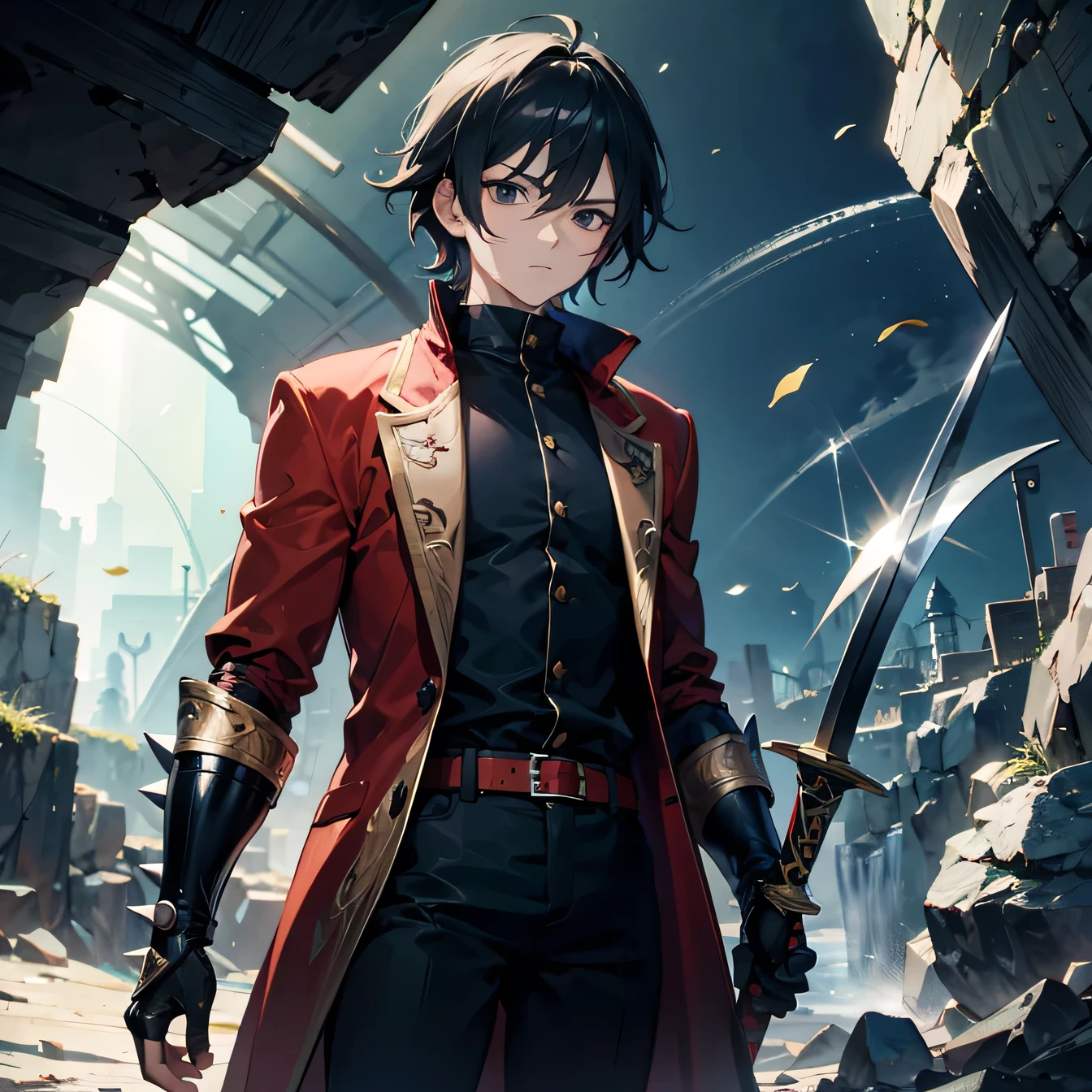 Anime art style,highest quality,High resolution,Anatomically correct,One Man,good looking,Twenty generations,Black Hair,Black Eyes,Super detailed,Fantasy worldview,Spiky Hair,Tun-tsun Hair,Brave,Slender build,Red long coat,Simple armor,Black trousers,cave,Serious expression,Lifted eyes,Shouting bravely,Holding a sword,8K