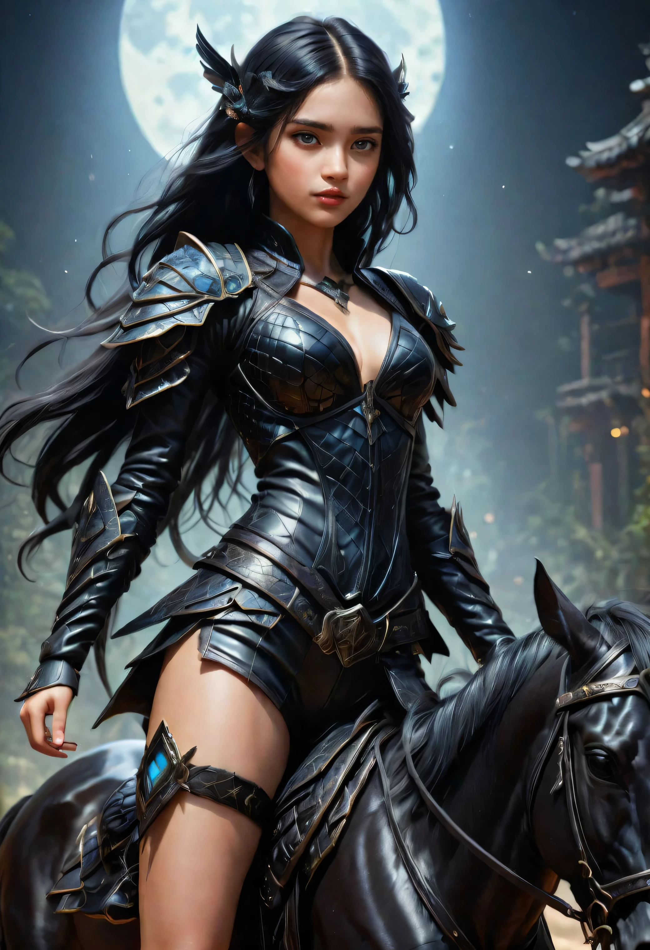  close-up, 17 years arabic rides a black cybernetic horse  at night, in narrow thong, very big hips,very long black hair, cybernetic parts of body, backdrop night mystery forest with vampires, zombies, looking at me,flirt, ultra-high-quality detailing