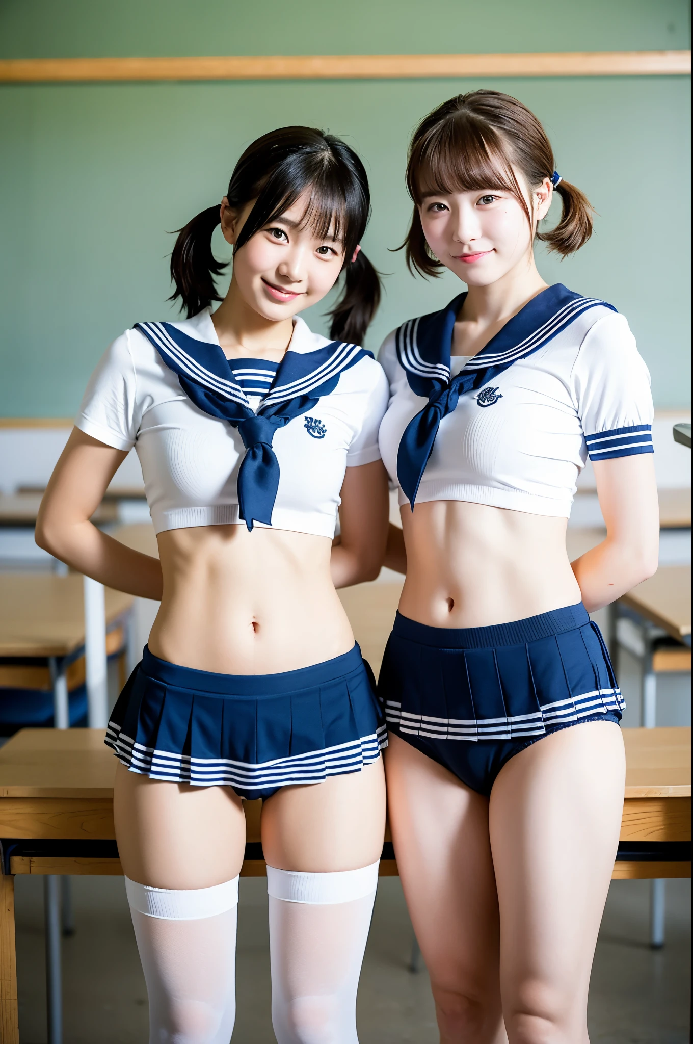 2 girls standing in school classroom,sailor shirt,break,pure white bikini bottom panties,break,white over-the-knee socks,18-year-old,bangs,a little smile,thighs,knees,short hair and low pigtails with barrette,from below,front light