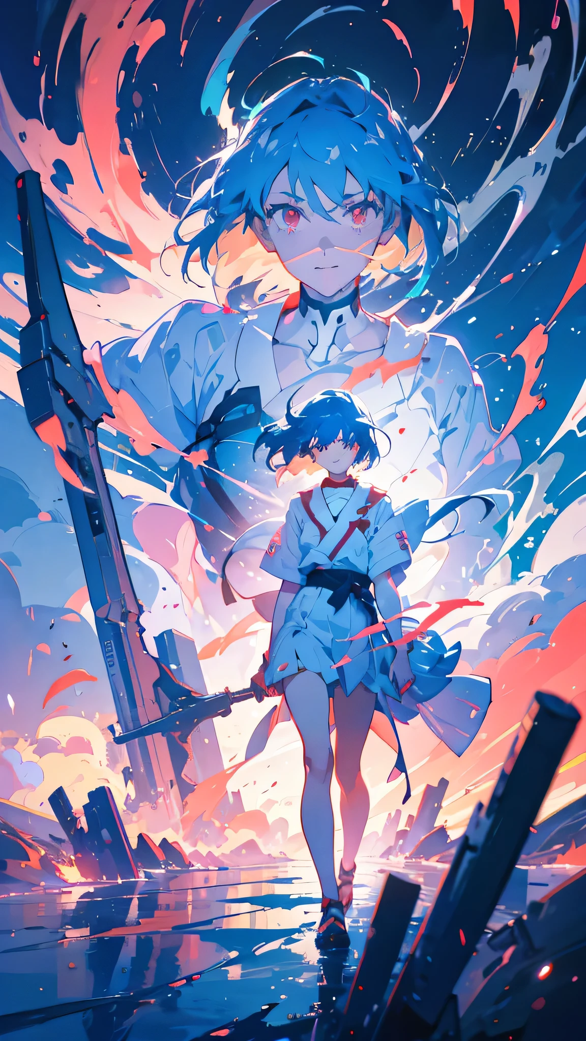 A masterpiece portrait of smiling Rei Ayanami (Evangelion), Evangelion (Hideaki), Caustics, High resolution illustrations, Red eyes, feminine, No students, Blue Hair, short hair, Japanese , loafers, Spank, Synthwave, paint Splashs, Shaded flat illustration, Digital Art, Trending on Art Station, Very detailed, The finer details, Complex, Splash, Overtake, Vaporware, Neon color