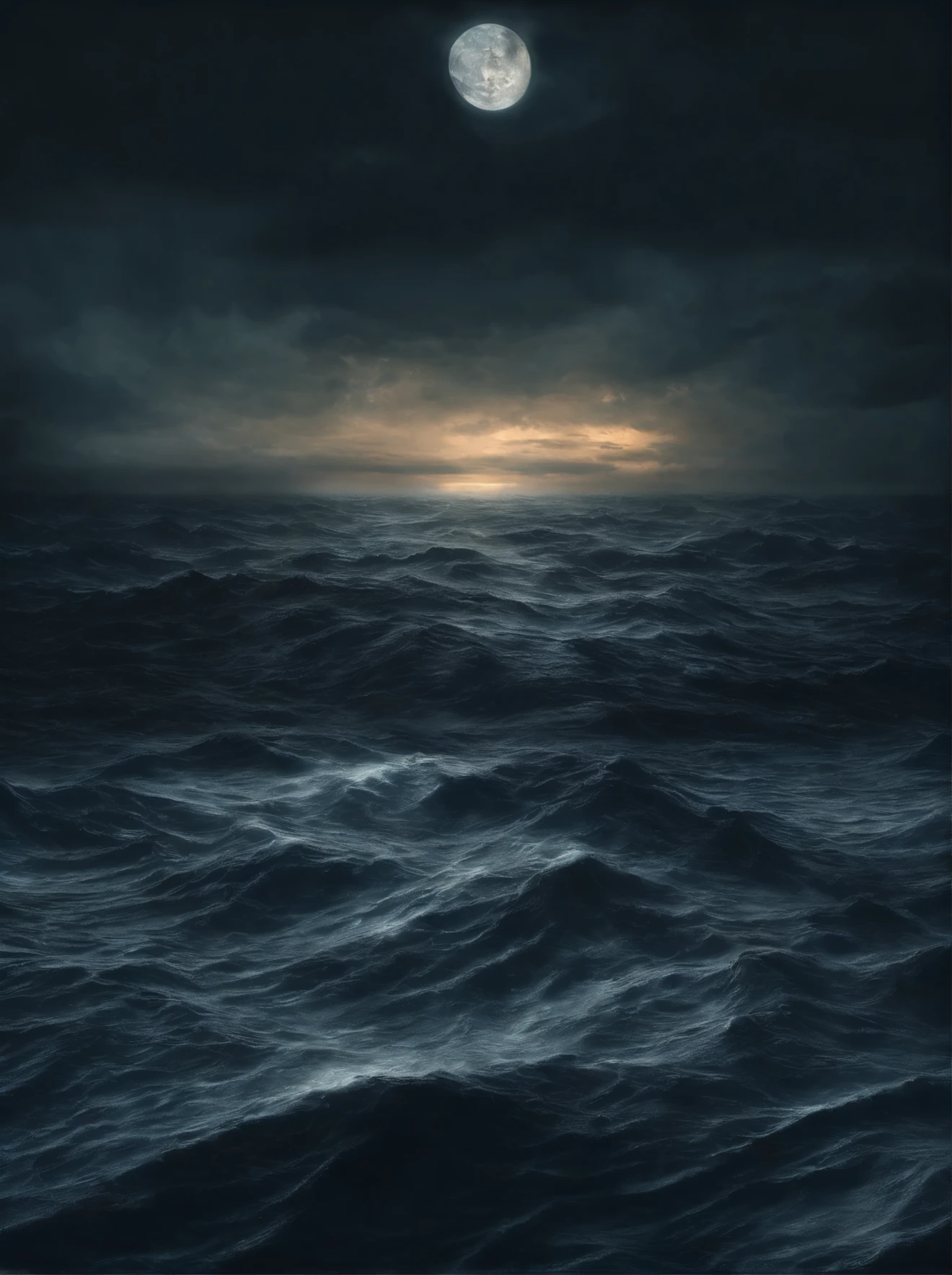 Close-up of rough sea at night, Starry Sky, Surreal dark otherworldly emotions, Beautiful digital artwork, Stunning digital illustrations, view of a boat in ocean at sunset, photo of the middle of ocean, dark ocean water, 逼真的ocean, middle of ocean, a photo of ocean, movie still Eight thousand, 一片ocean, Stunning mood photography, floating in ocean, Eight thousand. Volumetric Lighting. dark, an astronaut lost in ocean, ocean