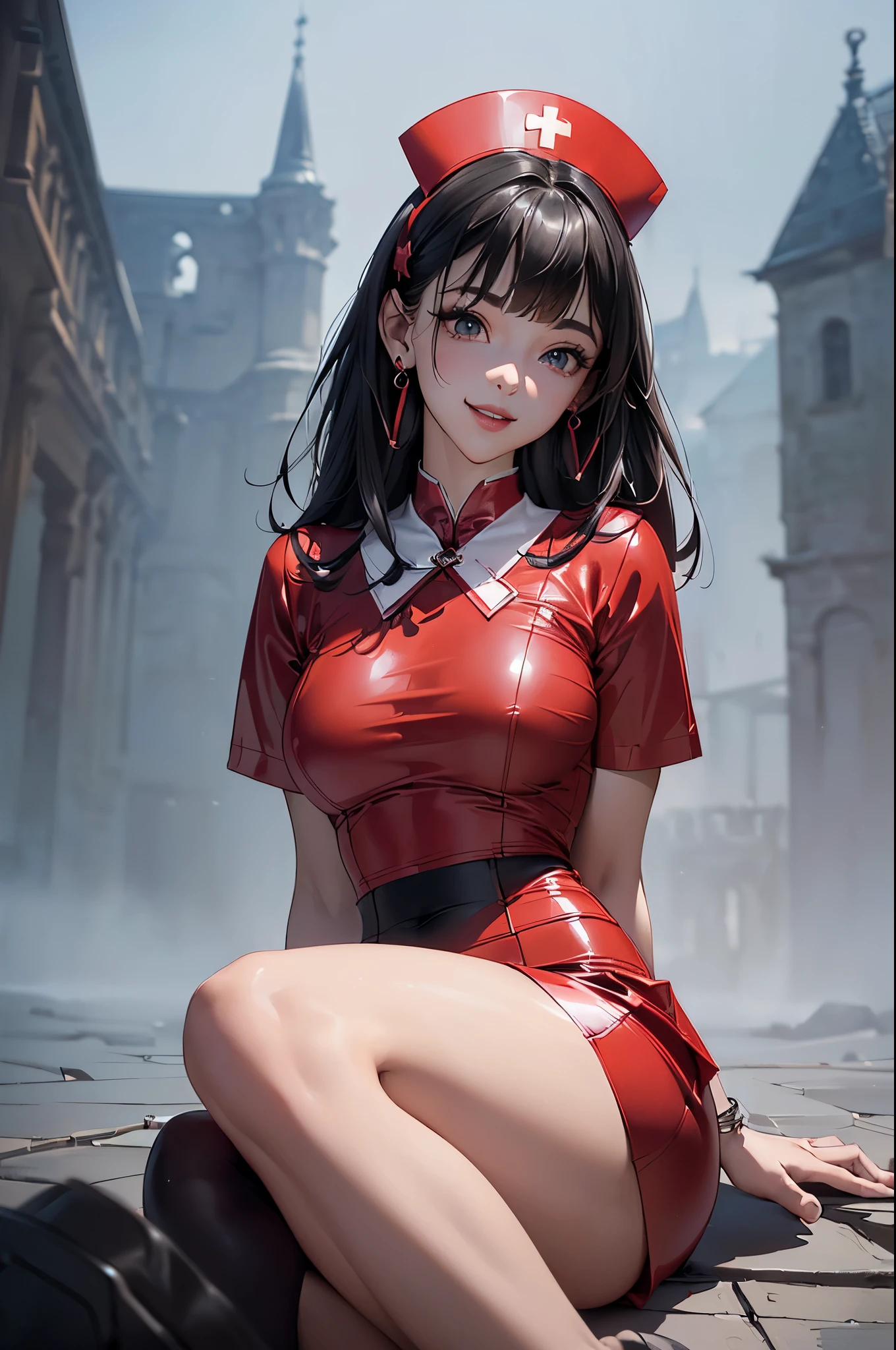 ((Biologically correct limb count))、((Full Body Shot, Full-body photo including face、Head to toe photos))、4K、masterpiece、((Focus on the face))、((Symmetrical facial features))、Eyes of meticulous depiction、Beautiful woman、Excellent style、Beautiful feet、(Black Stockings、High heels with anklets)、Detailed depiction of the face、Small earrings、necklace、((Close-up photo of the upper body))、(red latex shirt、Latex skirt、Nurse uniform)、Scenery of the old castle、(Low - Angle)、(smile)、((Thick morning fog all around)、I can't see anything around me)、