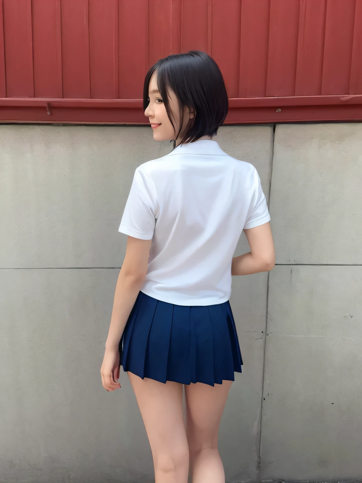 In detail,Full body photo、Blonde、 One high school girl、High resolution, high quality、Slim body、Perfect dynamic composition, Beautiful fine details, Short Hair、Natural color lip,Kamimei、14-year-old girl、Clear Skin、Navy blue sailor suit with short sleeves、Green mini skirt、Thighs、Shiny Hair、最high quality, figure, Very detailed, In detail, High resolution, 8k、The correct state of the human body、Sculpture model pose，Red Wall,Looking at the viewer with his back turned、Thighs are visible、smile、