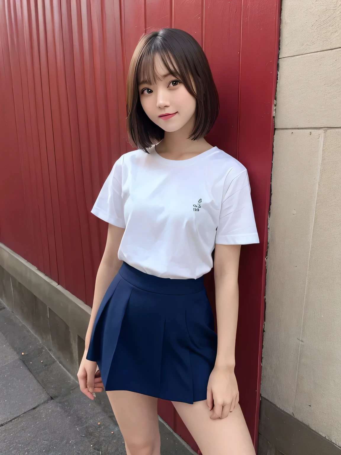 In detail,Full body photo、Blonde、 One high school girl、High resolution, high quality、Slim body、Perfect dynamic composition, Beautiful fine details, Short Hair、Natural color lip,Kamimei、14-year-old girl、Clear Skin、Navy blue sailor suit with short sleeves、Green mini skirt、Thighs、Shiny Hair、最high quality, figure, Very detailed, In detail, High resolution, 8k、The correct state of the human body、Sculpture model pose,Red Wall,Looking at the viewer with his back turned、Thighs are visible、smile、