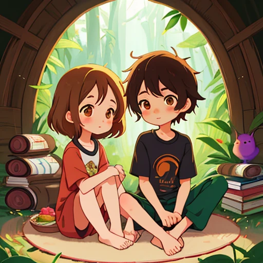 cartoon boy and girl of the same appearance(twins), 18 years, Same height, Brown eyes, medium length brown tousled hair, sitting on the carpet in a log village house next to the fireplace, Free poses, loose clothing style (comfortable home clothes, Minimum clothing), free interaction with each other, many small environmental details, complex parts, High quality textures, beautiful proportional bodies, charming digital painting, cute detailed digital art, digital anime illustration, cute digital art, Cyril Rolando and Goro Fujita, Lois van Baerle and Rossdraus, cute art style