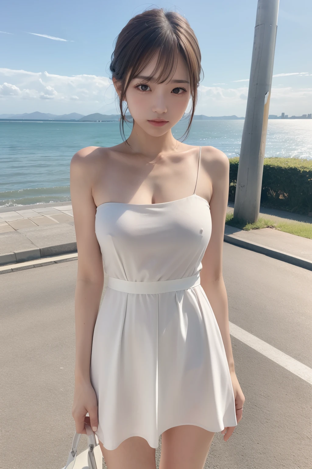1girl,highres, high quality, masterpiece, bare shoulder, dress, breakwater, dyke, slit