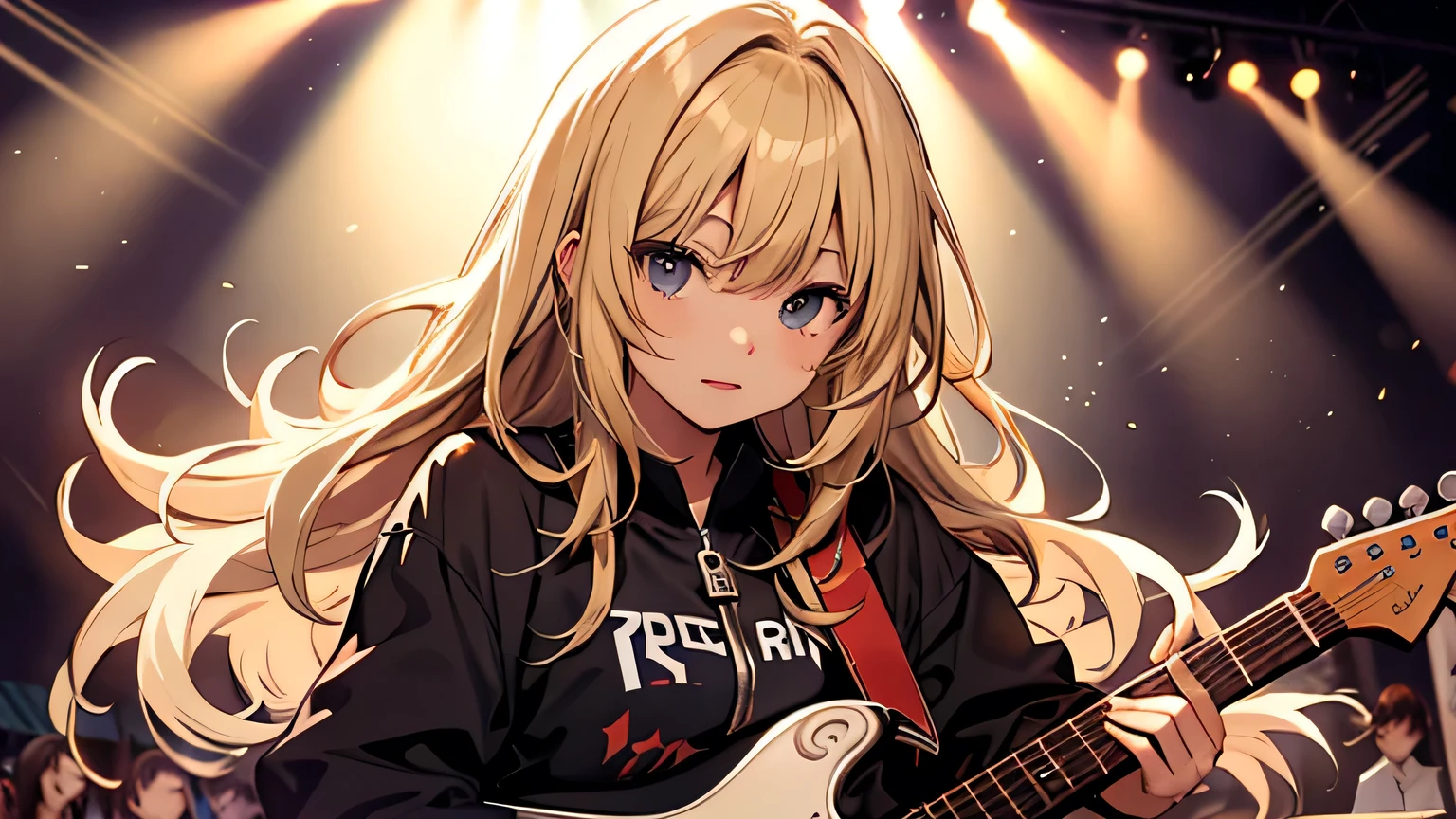 ((highest quality)), ((masterpiece)), (detailed), Perfect Face、live house、Guitar vocals、blonde、Smooth Hair、shout、In the spotlight、whole body、rock band、