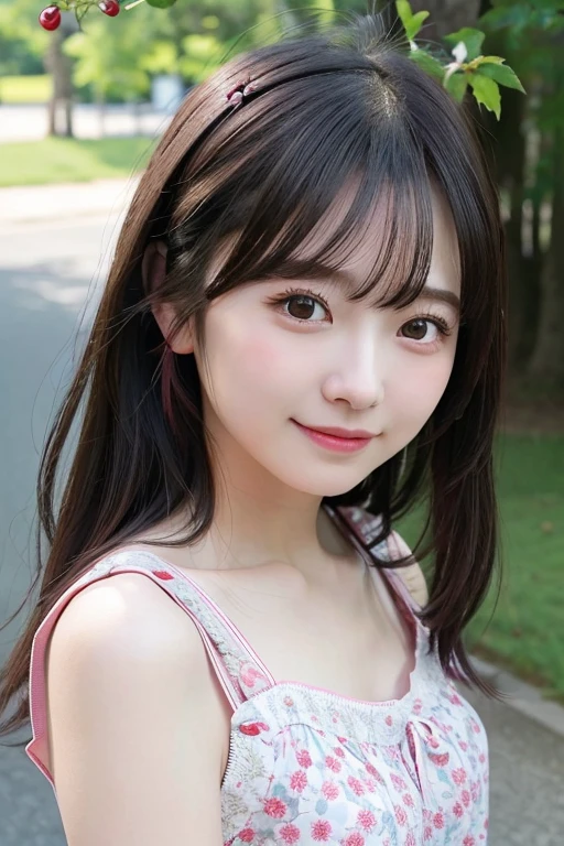 top-quality、超A high resolution、(photoRealstic:1.4)、red blush、cute little、(Detailed face)、Smile、Looking at the camera、The upper part of the body、komono、Sunnyday、(cherry trees)、blue-sky、camisole pink