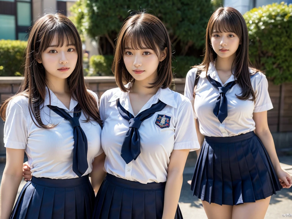 (RAW photo, 4k, masterpiece, high resolution, extremely complex) (realistic: 1.4), cinematic lighting
((2 girls, 2 schoolgirls)),Slam Dunk's,blushing,((innocent)),(Dark makeup),bright eyes,round eyes,blunt bangs,(straight hair:1.3),black hair,large breasts,wide hips,Summer Noon, 20 year old girl、cute type、ta,Hot, (Best Quality), (Highres), (an Extremely Delicate and Beautiful),(Beautiful 8k face),(Brown eyes),short bob hair,( spectators),(gigantic breasts),(Play with each other,Touching each other's bodies,Touching the body),(Japanese high school uniform:1.3),blue skirt,(reality),bright lighting,(The background is a luxury hotel room)
