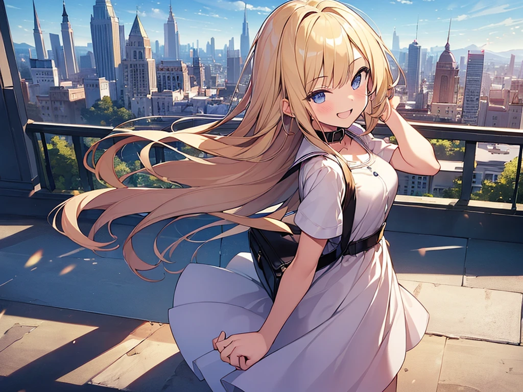 (Masterpiece, Top quality: 1.5), from side, 1 beautiful girl, solo, blond, walking, (Short sleeve dress with collar :1.3) , blond hair, long hair, wave hair, Hair swaying in the wind, (15 year old:1.2), medium breasts, standard weight, one knapsack, (smile:1.5), blush :1.2, open mouth, beautiful scene , Mediterranean cityscape, (magnificent panorama view:1.2), dynamic pose