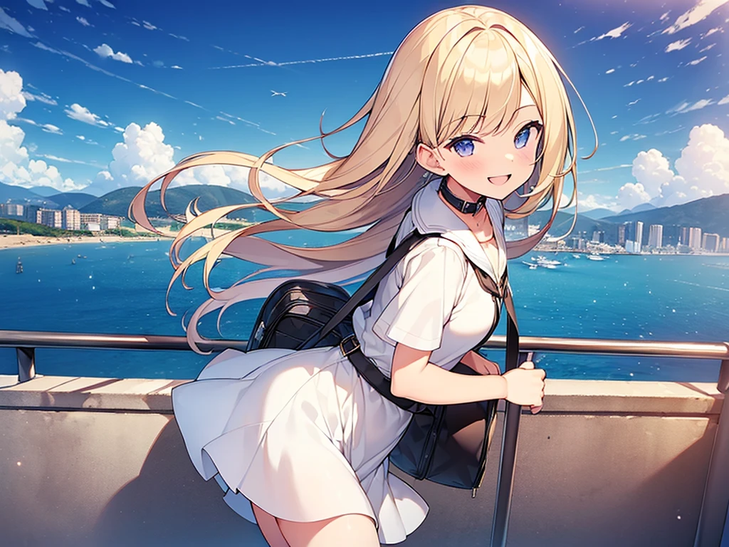 (Masterpiece, Top quality: 1.5), from side, 1 beautiful girl, solo, blond, walking, (Short sleeve dress with collar :1.3) , blond hair, long hair, wave hair, Hair swaying in the wind, (:1.2), medium breasts, standard weight, one knapsack, (smile:1.5), blush :1.2, open mouth, beautiful scene , Mediterranean cityscape, (magnificent panorama view:1.2), dynamic pose