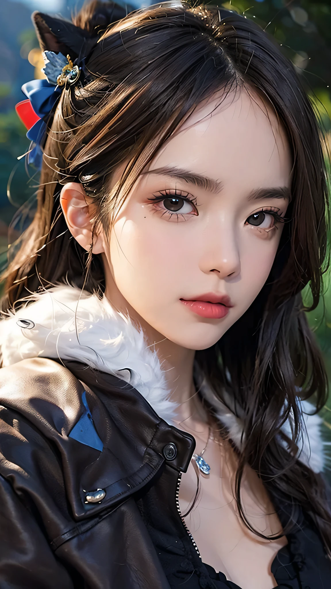 Chris (Sharp focus:1.2), photograph, Attractive Young Woman, (Beautiful Face:1.1), Fine grain, Seductive lips, (Smokey Eye Makeup:0.85), wear (Fur coat:1.2) To (Cliff Side:1.2). (Moody lighting:1.2), Depth of written boundary, Bokeh, 4K, High resolution. by (James C. Chris Tensen:1.2|Jeremy Lipking:1.1).