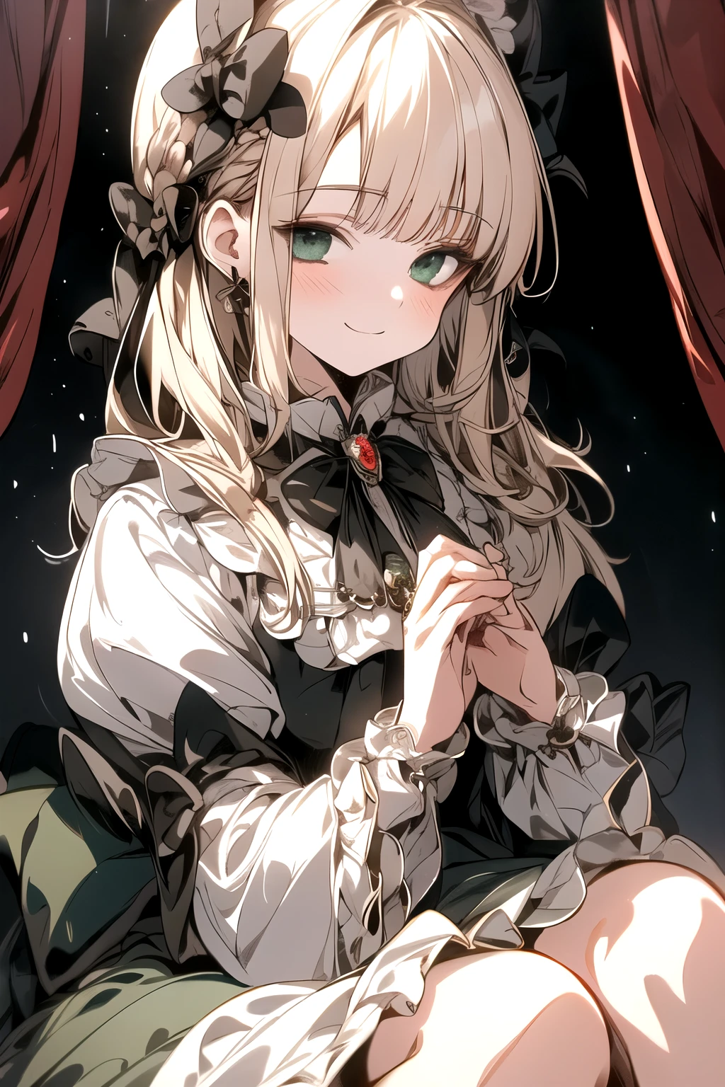 8K resolution, delicate features, , single, unique students, shy smile, blonde, princess cut, Bow hair ornament, brooch, shiny dark green dress, lolita style, gothic style, Folded hands, facing the viewer, Otaku Room, Female imps