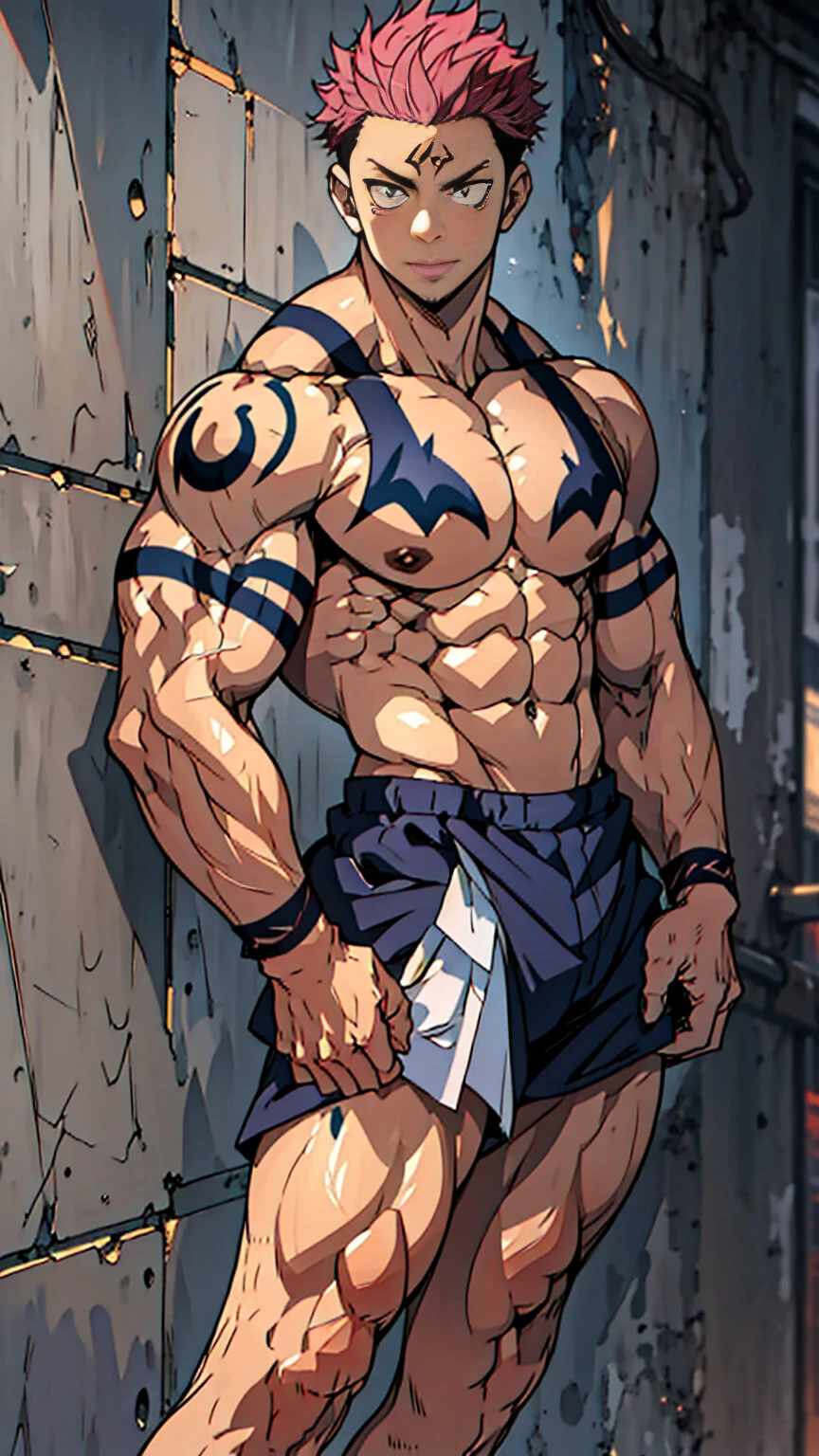 best quality, masterpiece, expressiexistless, Ultra-high resolution, Detailed background, man, Solitary, texisted male, short hair, Sukuna a man with pink hair and shirtless, Tattoo_both sides, Tattoo_exist_his_Face, Face to viewer,(A corner of the photo from bottom to top) (Highest quality images) Lion Man ,real, young, , Wearing shorts, Crotch protrusion, Anime Character, 站exist地上, Legs open, 男性Face, bonito rosto young, Undercut Hair, Huge chest muscles, 大腿muscular, Biceps tendon, Huge body, Toned body due to intense training, muscular, 8-pack clear ABS, 3 meters high, Topless, , Glowing skin, Dihan.com, 双手放exist大腿上, barefoot, No beard