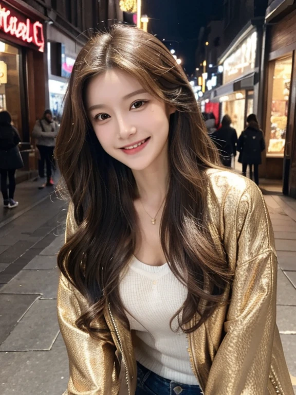masterpiece, highest quality, High resolution,alone,Brown Hair,artistic,Best lighting,casual,Flat Chest,Beautiful Face,expensive,smile,light makeup,Age 25,Calm woman,Detailed Hair,Laughing woman,Wavy Hair,Woman in riders jacket,outside,morning,Shopping Street