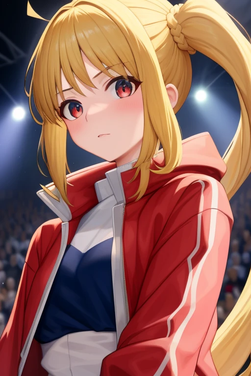 (masterpiece, highest quality:1.2), A girl with blonde hair and red eyes wearing a white shirt, Side Ponytail, Full Bang, Looks confused, on stage,
Super detaileded, highest quality, Expressive eyes, Perfect Face, super high quality, Super detailed,jacket lift