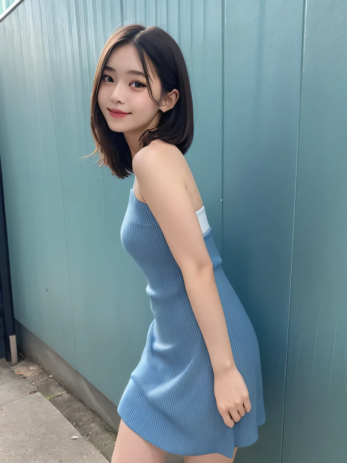 In detail,Full body photo、 One high school girl、High resolution, high quality、Slim body、Perfect dynamic composition, Beautiful fine details, Natural Shorthair、Natural color lip,Kamimei、14-year-old girl、Clear Skin、Navy blue bandeau dress、Thighs、Shiny Hair、最high quality, figure, Very detailed, In detail, High resolution, 8k、The correct state of the human body、Sculpture model pose，Yellow wall,Thighs are visible、smile、