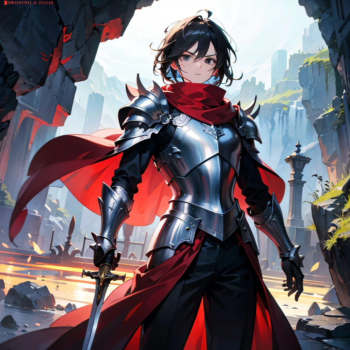 Anime art style,highest quality,High resolution,Anatomically correct,One Man,good looking,Twenty generations,Black Hair,Black Eyes,Super detailed,Fantasy worldview,Spiky Hair,Tun-tsun Hair,Brave,Slender build,Red long coat,White scarf,Silver Breastplate,Simple armor,Black trousers,cave,Serious expression,Lifted eyes,Shouting bravely,Holding a sword,8K