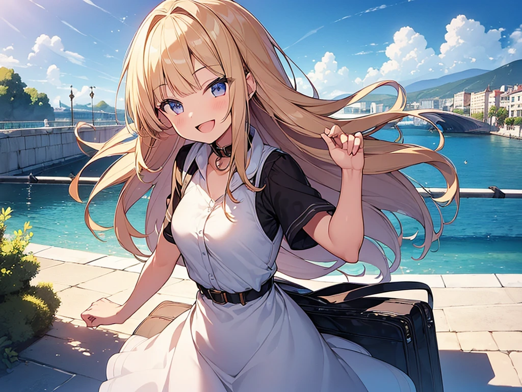 (Masterpiece, Top quality: 1.5), back shot, 1 beautiful girl, solo, blond, walking, (Short sleeve dress with collar :1.3) , blond hair, long hair, wave hair, Hair swaying in the wind, (15 year old:1.2), medium breasts, standard weight, one knapsack, (smile:1.5), blush :1.2, open mouth, beautiful scene , Mediterranean cityscape, (magnificent panorama view:1.2), dynamic pose