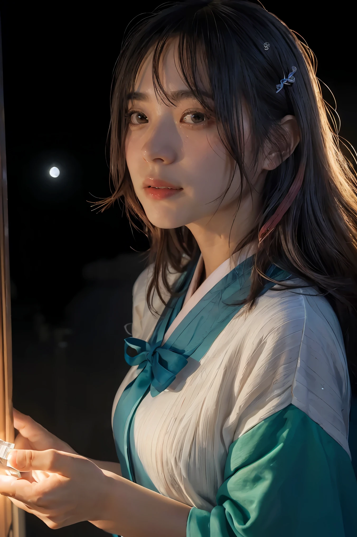 (((Masterpiece: 1.5, best quality, high resolution: 1.3, Super resolution, Awesome details, Awesome details: 1.3, rich background: 1.2))), 1 woman, alone, green eyes, Long pink hair with blue ribbon, Smooth blunt, Cute Hairpin, , Seraphon white, red sailor collar, short sleeve, blue pleated skirt, (outdoor), ((downtown), (crowd), ((Japanese scent: 1.3)), terrain, ((nighttime)), darkness, (low beam: 1.1), moon, (moonlight: 1.2), ((dynamic light: 1.4)), ((head close up))))))