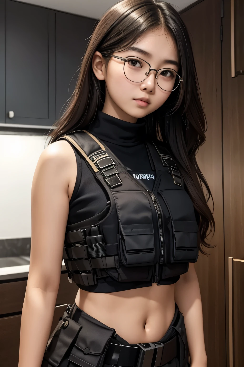detailed face of photo. 20 year old white skin Indonesian girl with a sweet face, slim body round face chubby face and long Brown wavy hair, round glasses wearing a black special force bullet proof body vest naked Sleeveless exposed belly