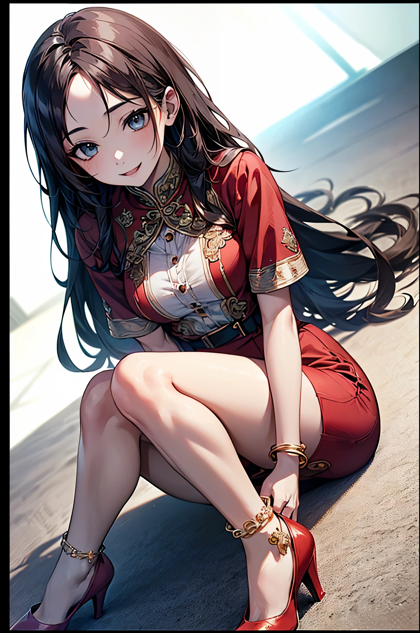 ((Biologically correct limb count))、(( whole body including face))、4K、Masterpiece、((Focus on the face))、((Symmetrical, well-proportioned facial features))、Eyes with delicate depictions、(((1 person)))、Beautiful woman、Outstanding style、Slender Body、、((Red Army Uniform、shirt、Checked Skirt,(High heels with anklets)))、(((coastal)))、(Smiling and smiling)、(Close-up photo of the upper body)、High angle、Photos with a white border around them、night、