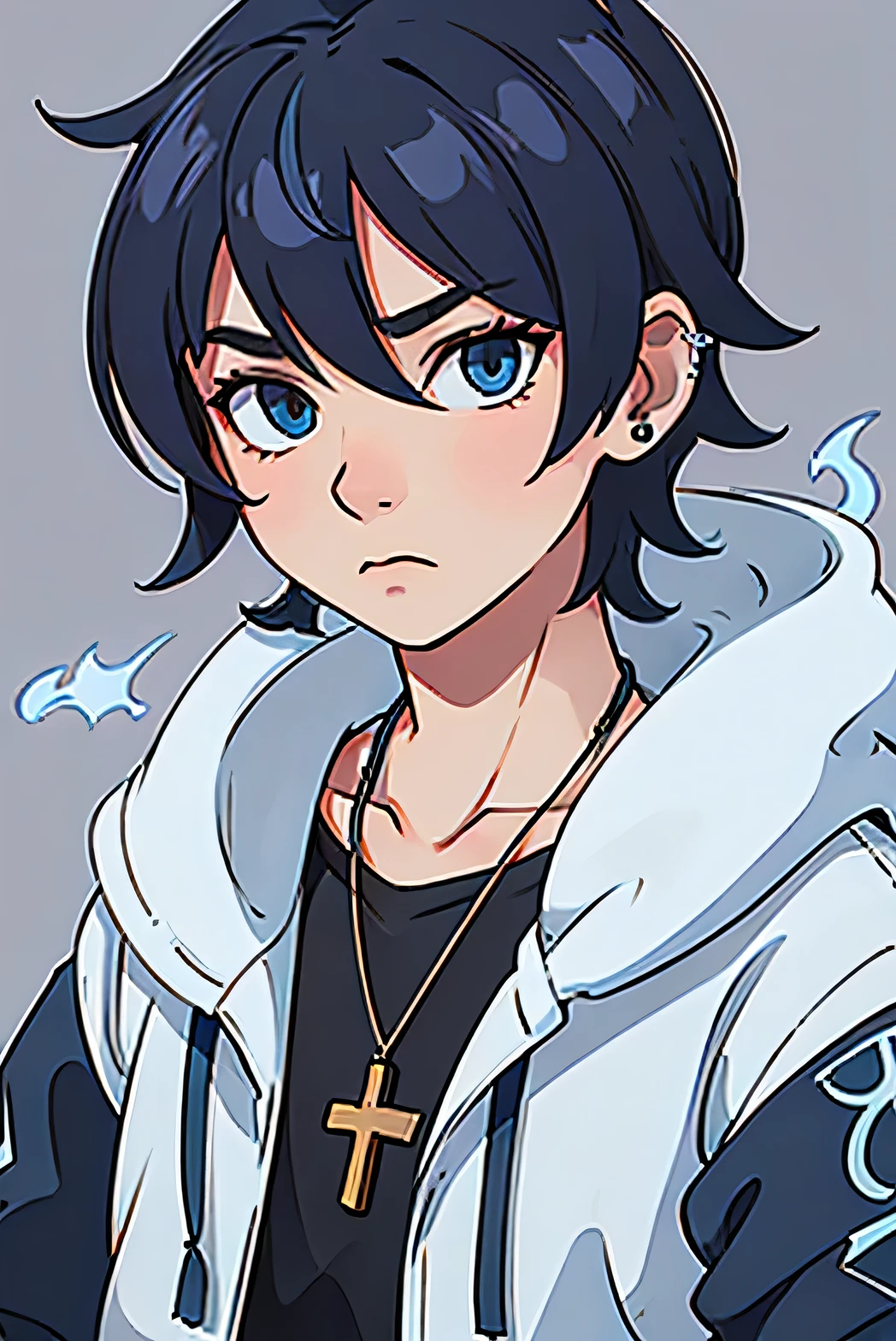 Cool teenager boy with a cross necklace and a cross piercing on the left ear that was controlling blue flames