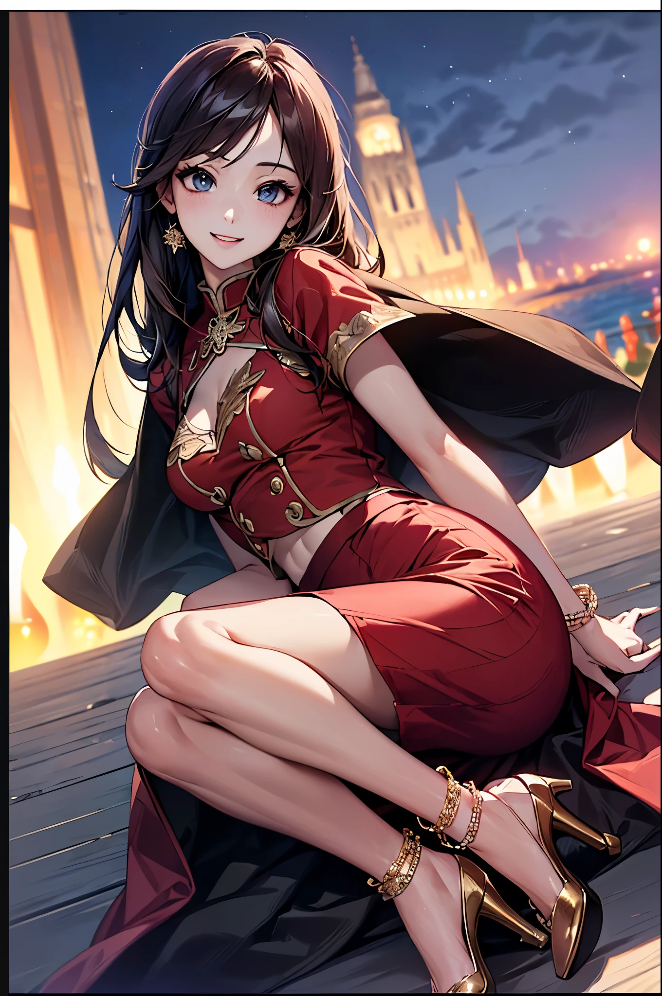 ((Biologically correct limb count))、(( whole body including face))、4K、Masterpiece、((Focus on the face))、((Symmetrical, well-proportioned facial features))、Eyes with delicate depictions、(((1 person)))、Beautiful woman、Outstanding style、Slender Body、、((Red Army Uniform、shirt、Checked Skirt,(High heels with anklets)))、(((coastal)))、(Smiling and smiling)、(Close-up photo of the upper body)、High angle、Photos with a white border around them、night、