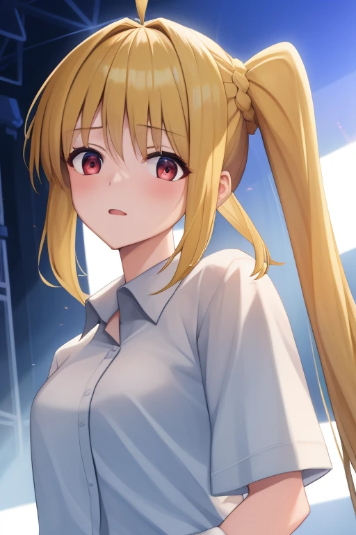 (masterpiece, highest quality:1.2), A girl with blonde hair and red eyes wearing a white shirt, Side Ponytail, Full Bang, Looks confused, on stage,
Super detaileded, highest quality, Expressive eyes, Perfect Face, super high quality, Super detailed,shirt lift