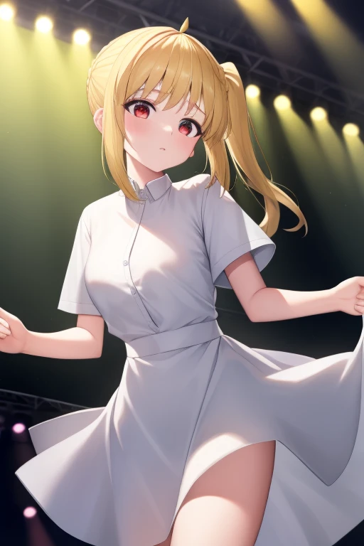 (masterpiece, highest quality:1.2), A girl with blonde hair and red eyes wearing a white shirt, Side Ponytail, Full Bang, Looks confused, on stage,
Super detaileded, highest quality, Expressive eyes, Perfect Face, super high quality, Super detailed,shirt lift