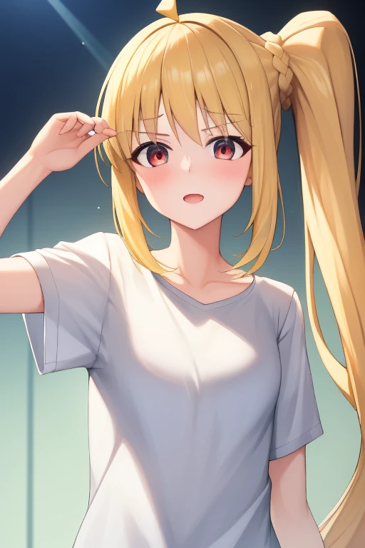 (masterpiece, highest quality:1.2), A girl with blonde hair and red eyes wearing a white shirt, Side Ponytail, Full Bang, Looks confused, on stage,
Super detaileded, highest quality, Expressive eyes, Perfect Face, super high quality, Super detailed,shirt lift