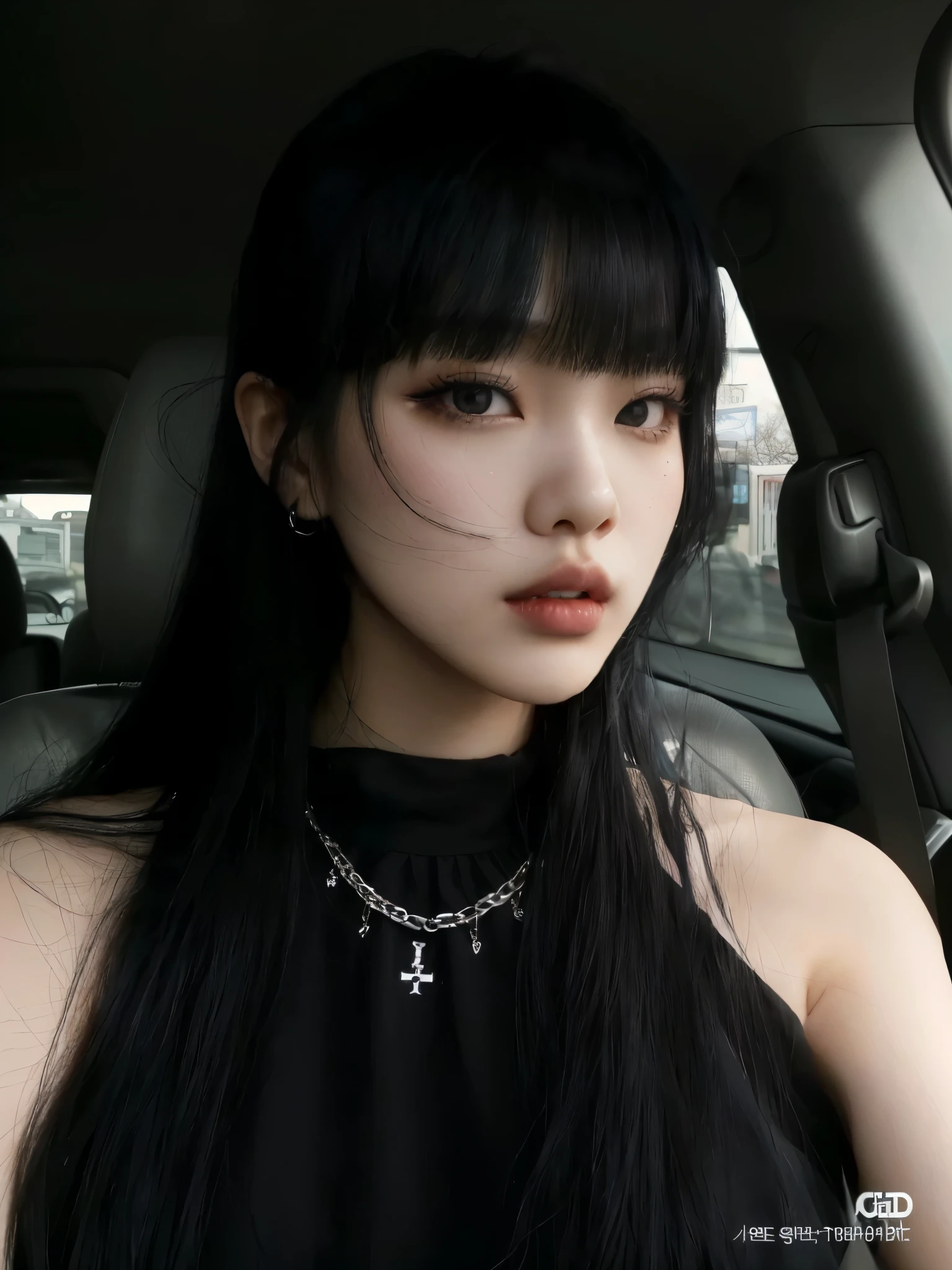 a close up of Jennie Kim with long black hair in a car, cruel korean goth girl, she has black hair with bangs, goth girl aesthetic, Jennie, hair blackbangs hair, Jennie Kim from Blackpink, black hime cut hair, long black hair with bangs, pale goth beauty, 1 7 -  - old me goth girl, Jennie Kim