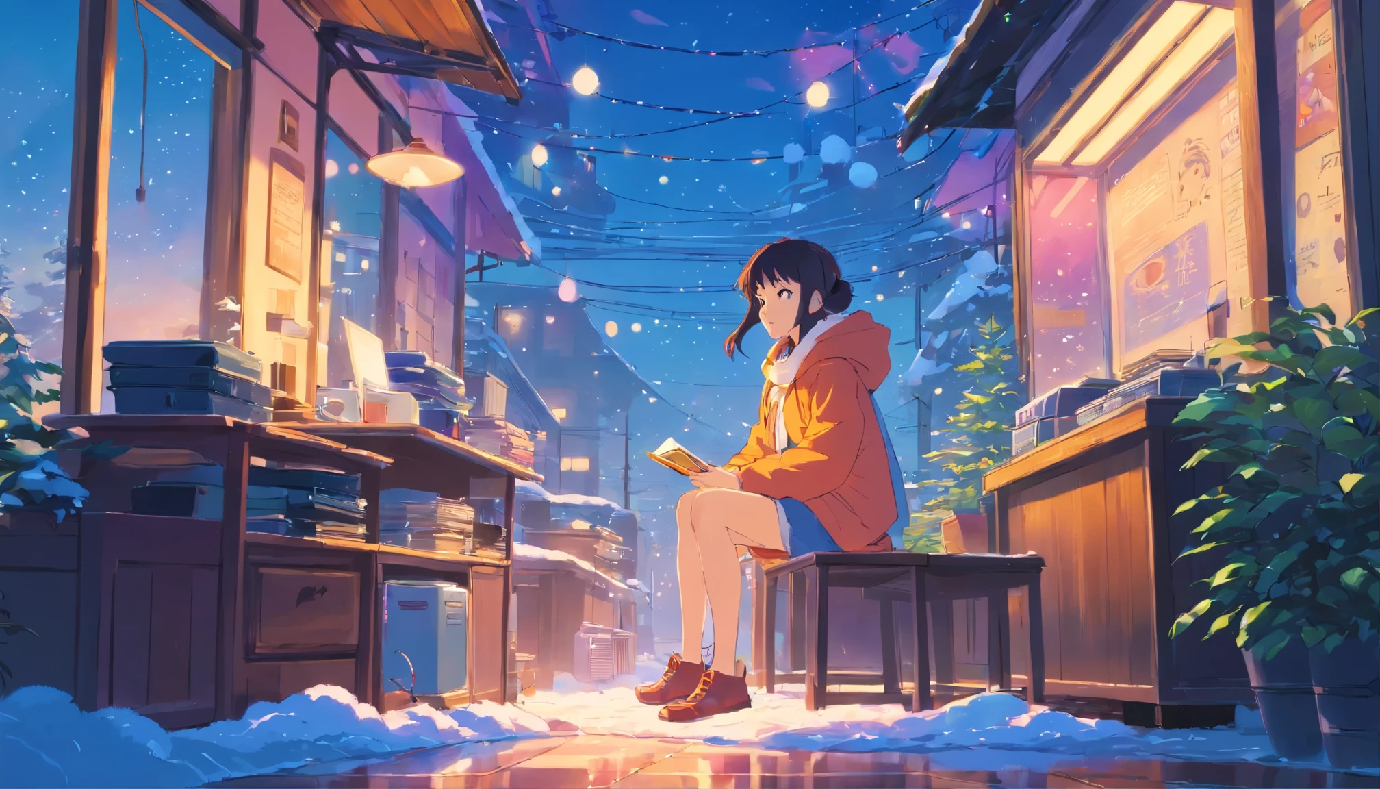 (zero), Girl in the winter garden, Read a book over a cup of coffee, Wear headphones, Wear a shawl, , Cozy night light, Snowy day neon scenery, Analog Color Theme, Lo-fi Hip Hop , retrospective exhibition, flat, 2.5D ,Draw a line, Ink drawing, Large slope, Watercolor, Goosh Colors, Studio Ghibli style, Great colorful, Outerton, Synthwave, Lofi Art,90s Style,Old Texture, amplitude,90s vibe, Tabletop, Great technology, 16:9 Scale