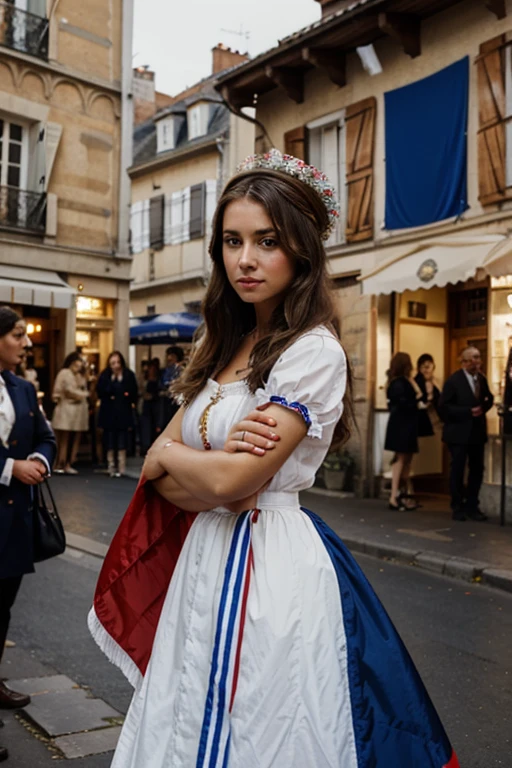 Beautiful woman, 20 years, France 🇫🇷 , dressed in traditional clothing, flag"s color