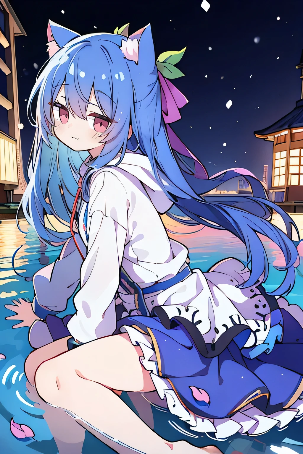 (masterpiece:1.2),Super detailed,lifelike,Expressive eyes,fair skin,perfect face shape,1 girl,
Japanese comics,Gorgeous blue hair,flowing blue hair,flowing clothes,Cat ears,Petals fall,beautiful lola,Baby Angel,
Shaking head with one hand,Cross your legs,Gentle and peaceful background,The pavilion is cool and comfortable,smile, wearing hoodie, background of tokyo,back views,snowing, winter,lie on the water.