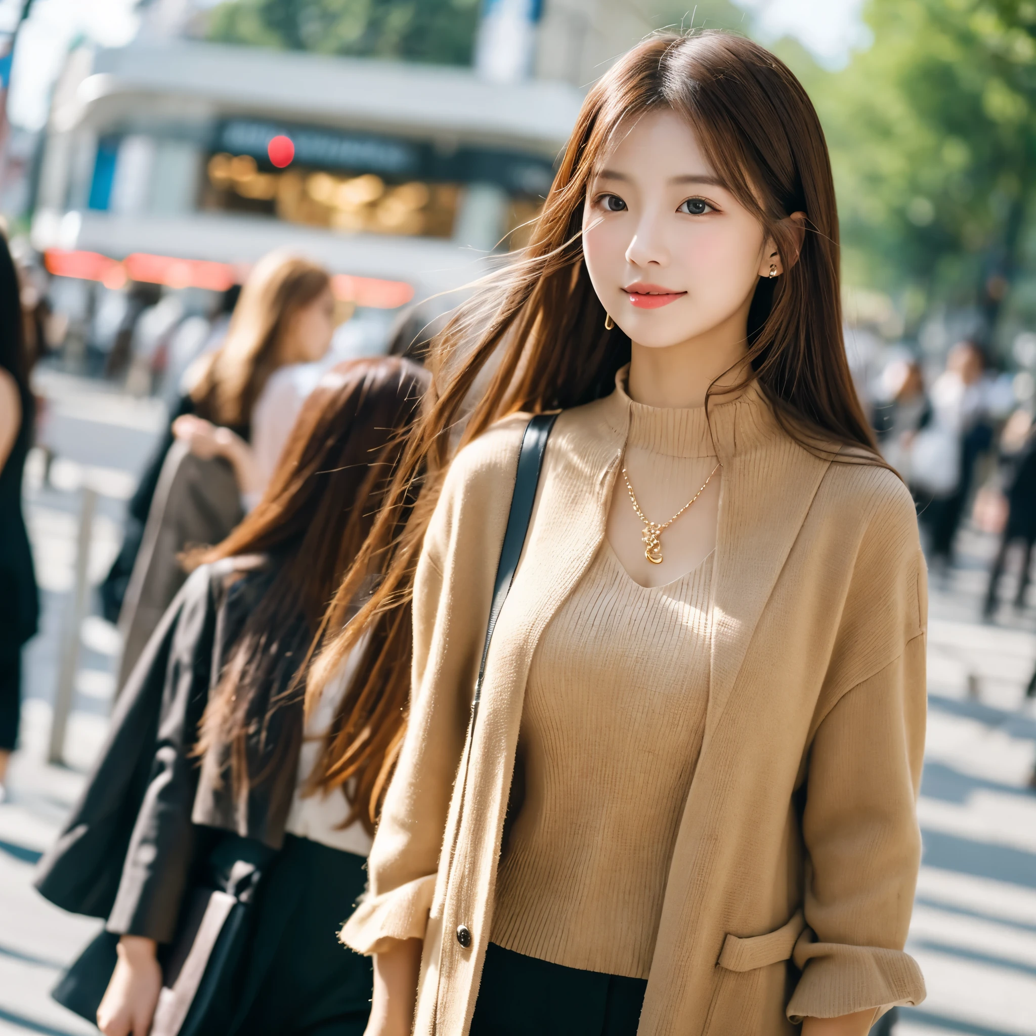 Beautiful and elegant woman, with brown hair, brown eyes, fair skin, with well composed clothes and stylish in the middle of an avenue