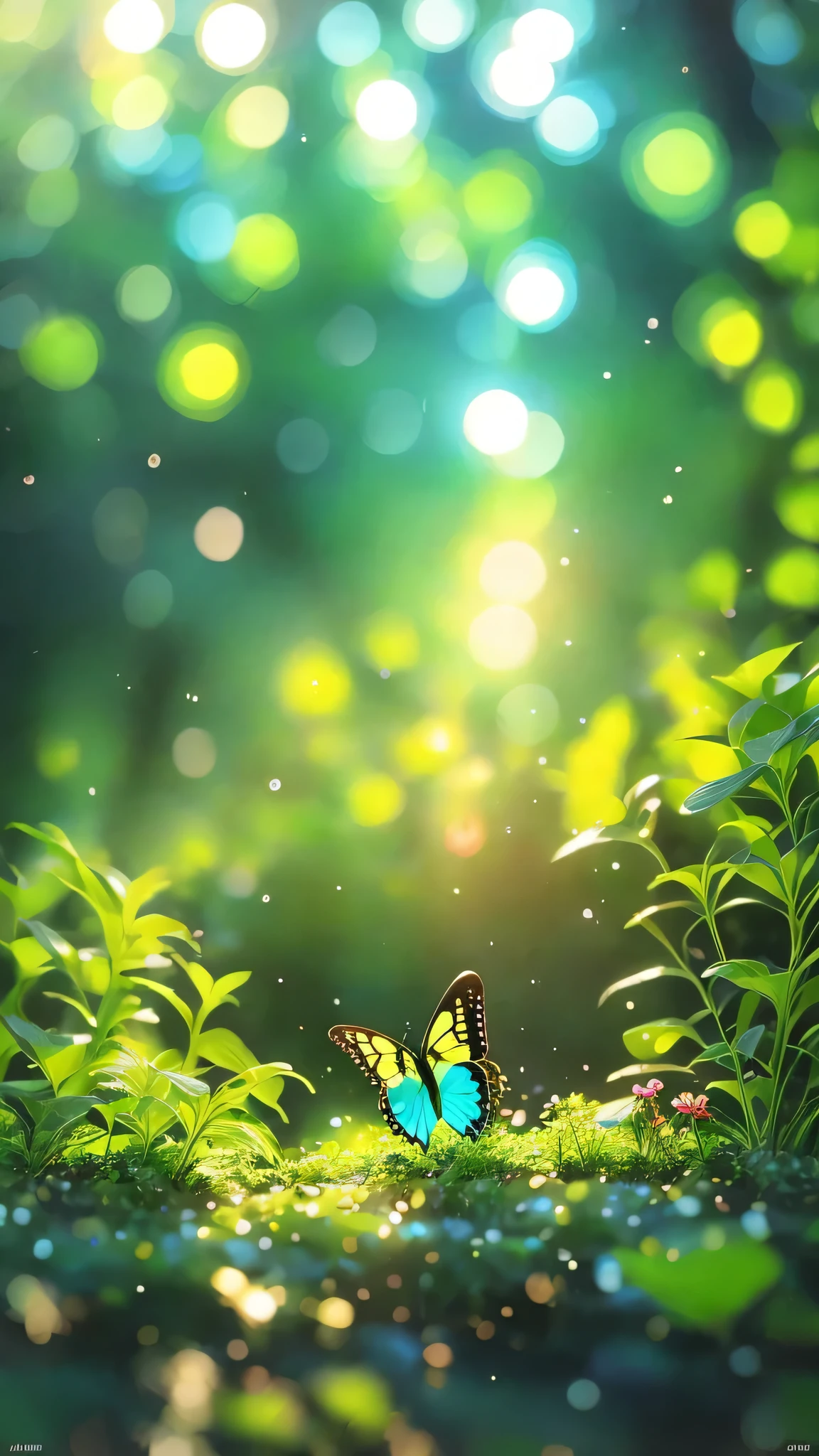 masterpiece, in the forest,Swallowtail butterfly macro photo, evening, mushroom, Dew Drops, High Contrast, Studio Ghibli style, Very complex, Very detailed, Photorealistic Style