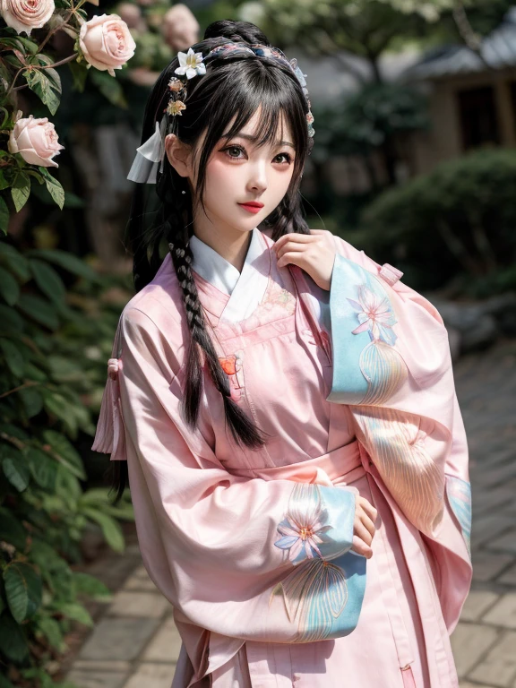 Big watery eyes, Delicate eyes, (Card Capture Sakura:0.3), long hair, Black hair mange style, Long sleeve, flower headband, Rose background, girl manga style, 4k, 8K, Round eyes, round pupils, Happy, rich and colorful, Fantasy Magic, intricate hair details, Happy, texture on clothes, firefly, 1 Girl, tiny braids