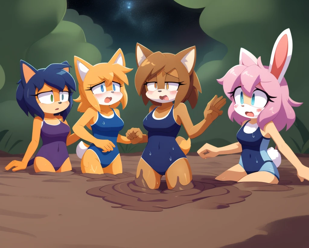 Mobian girls, best quality, HD, full body, sexy breasts, dog girl, fox girl, coyote girl, cat girl, rabbit girl, old school swimsuit, swimsuit, wet, blush, 5girls, 5girls inside tentacles pit, group peril, multiple girls, tentacles, 5girls together, hair, 5girls upper body 5girls in quicksand, hair, tentacles pit, dripping, hair, tightspace, group, multiple girls, open mouth, masterpiece, wamudraws, sad, one-piece swimsuit, quicksand, sinking, 5 girls in quicksand, scream