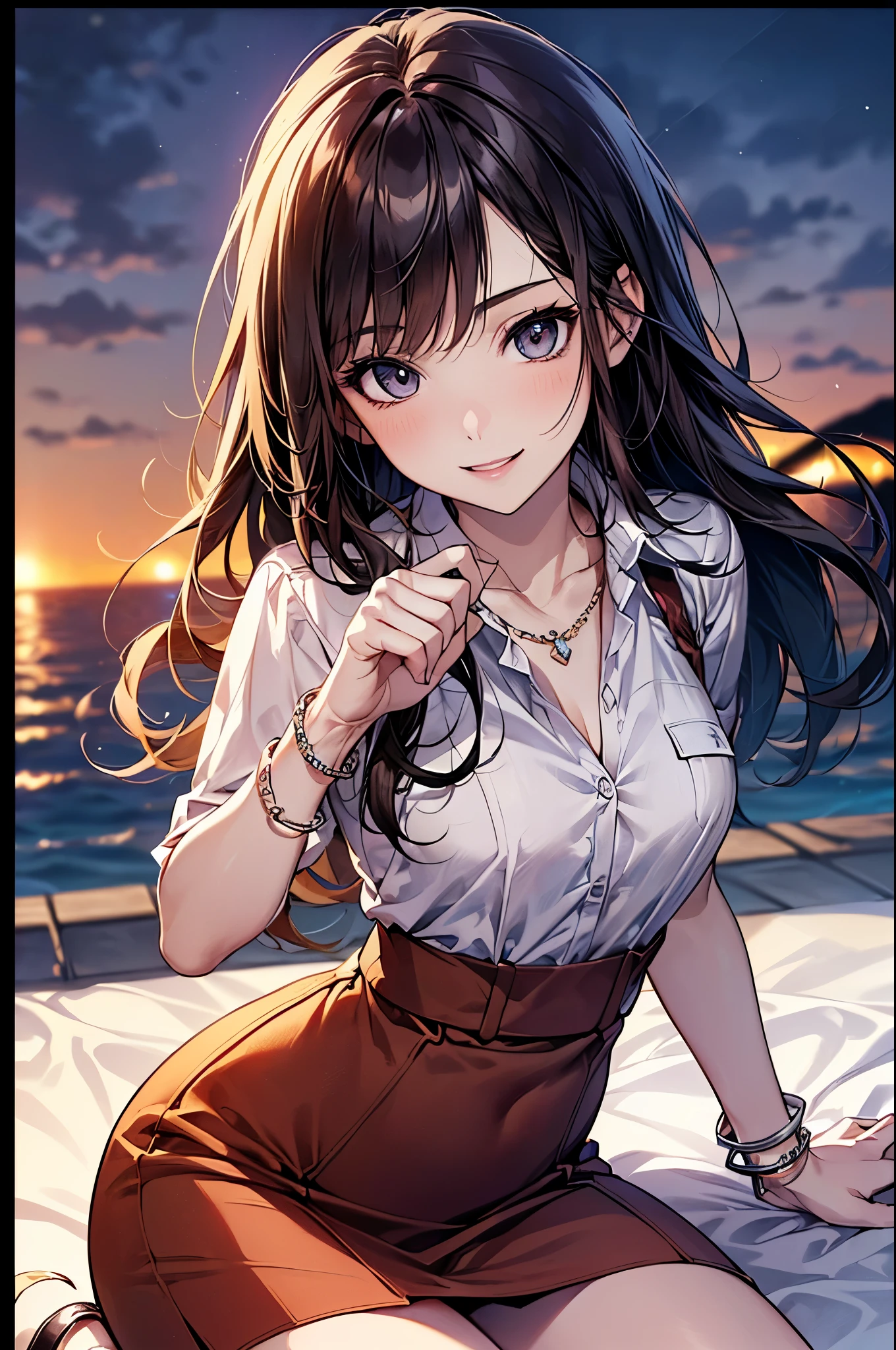 ((Biologically correct limb count))、(( whole body including face))、4K、Masterpiece、((Focus on the face))、((Symmetrical, well-proportioned facial features))、Eyes with delicate depictions、(((1 person)))、Beautiful woman、Outstanding style、Slender Body、、((Navy blue military uniform、shirt、Checked Skirt,(High heels with anklets)))、(((coastal)))、(Smiling and smiling)、(Close-up photo of the upper body)、High angle、Photos with a white border around them、night、