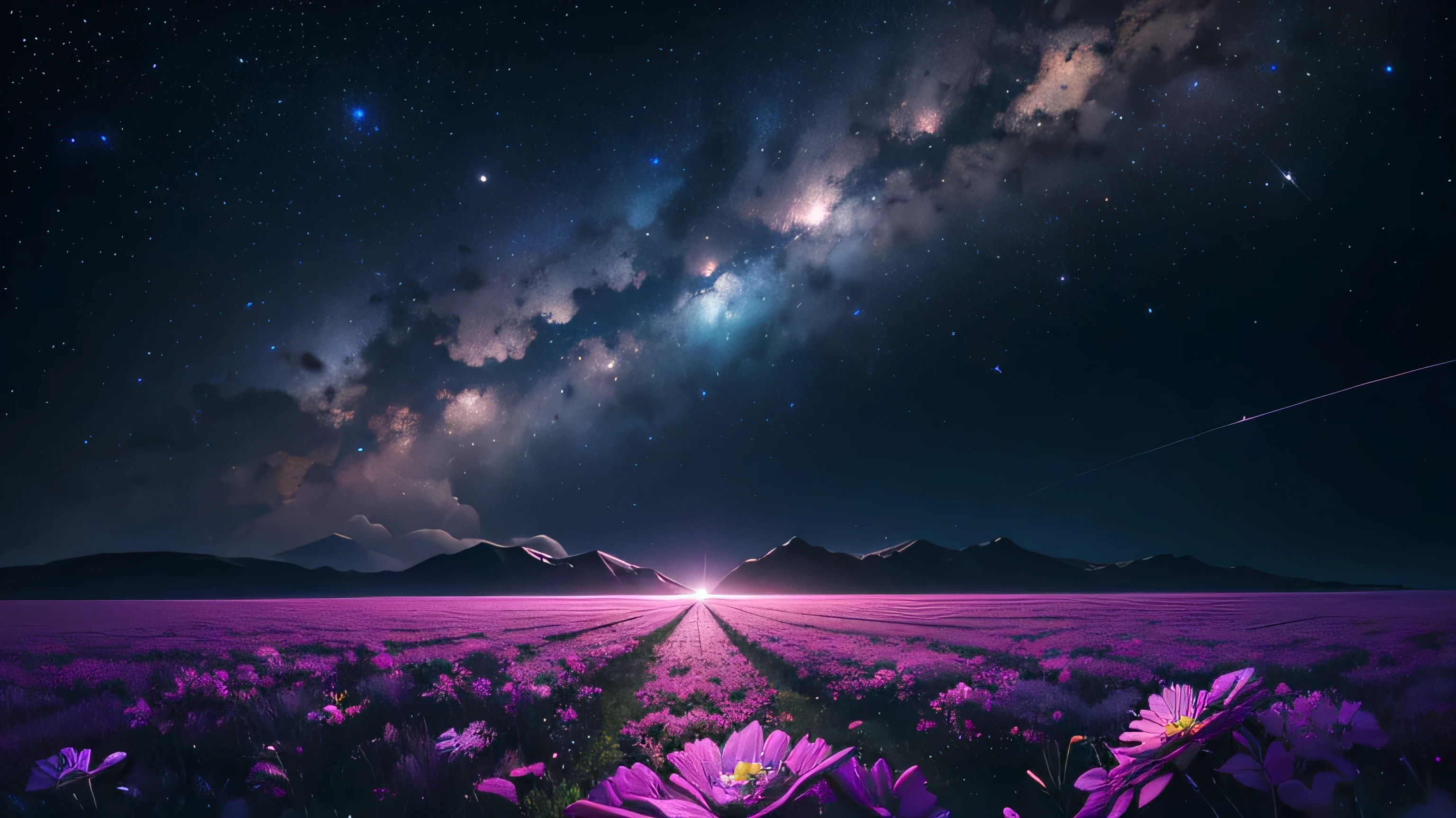 Star-filled night sky, Hyperrealism paintings in 4K on ArtStation, 8K resolution, Octane Rendering, Highly detailed digital art, Vibrant color palette, Greg Rutkowski、James Gurney、Thomas Kinkade. Artstation HQのトレンド. High resolution. Deviantart behance HD photo studio lighting closeup depth of field、Flower Field