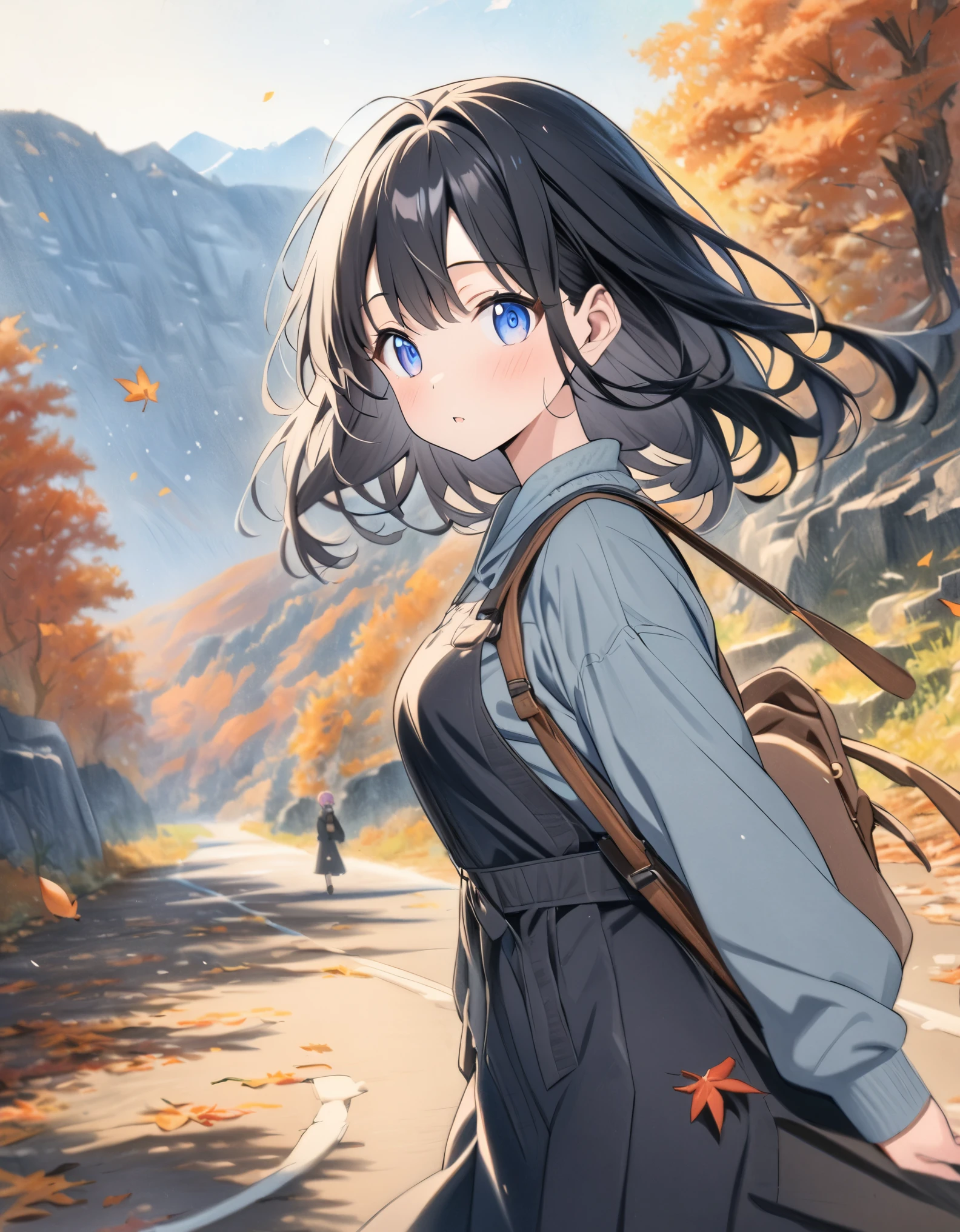 ((style:colored pencil,Pale colors)),(masterpiece:1.2),(anime),autumn leaves、autumn、In the mountains、A girl strolling、Refreshing、Black Hair