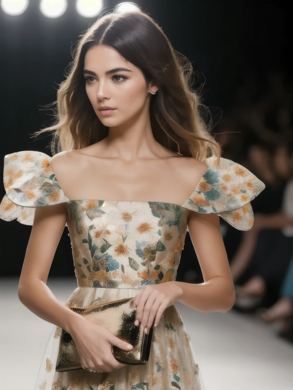 photo of a stunning extremely beautiful Brazilian supermodel, green eyes, long messy windy light brown hair, flipping hair, closeup zoomed in tight crop portrait, walking down a (runway at a fashion show scene models people:1.2) wearing a (fluttering floral high couture dress:1.3) (expensive clutch bag on her hand:1.3) (Lighting-Gold:1.2) foreground objects background details (masterpiece:1.2) (photorealistic:1.2) (bokeh:1.2) (best quality) (color grading) (detailed skin:1.3) (intricate) (8k) (HDR) (cinematic lighting:1.3) (sharp focus), messy windy hair