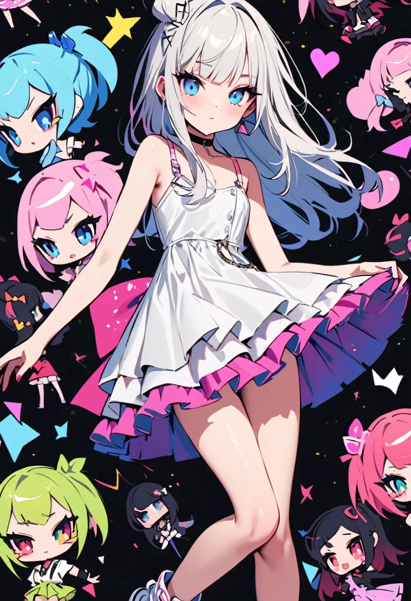 simple,blankspace,pop design,minimal,too many Girls,tween,Dancing allnight,dress,sneakers, cute,neo-pop style illustrations, black background, using white palette,BREAK
(masterpiece, best quality:1.1),beautiful detailed face,