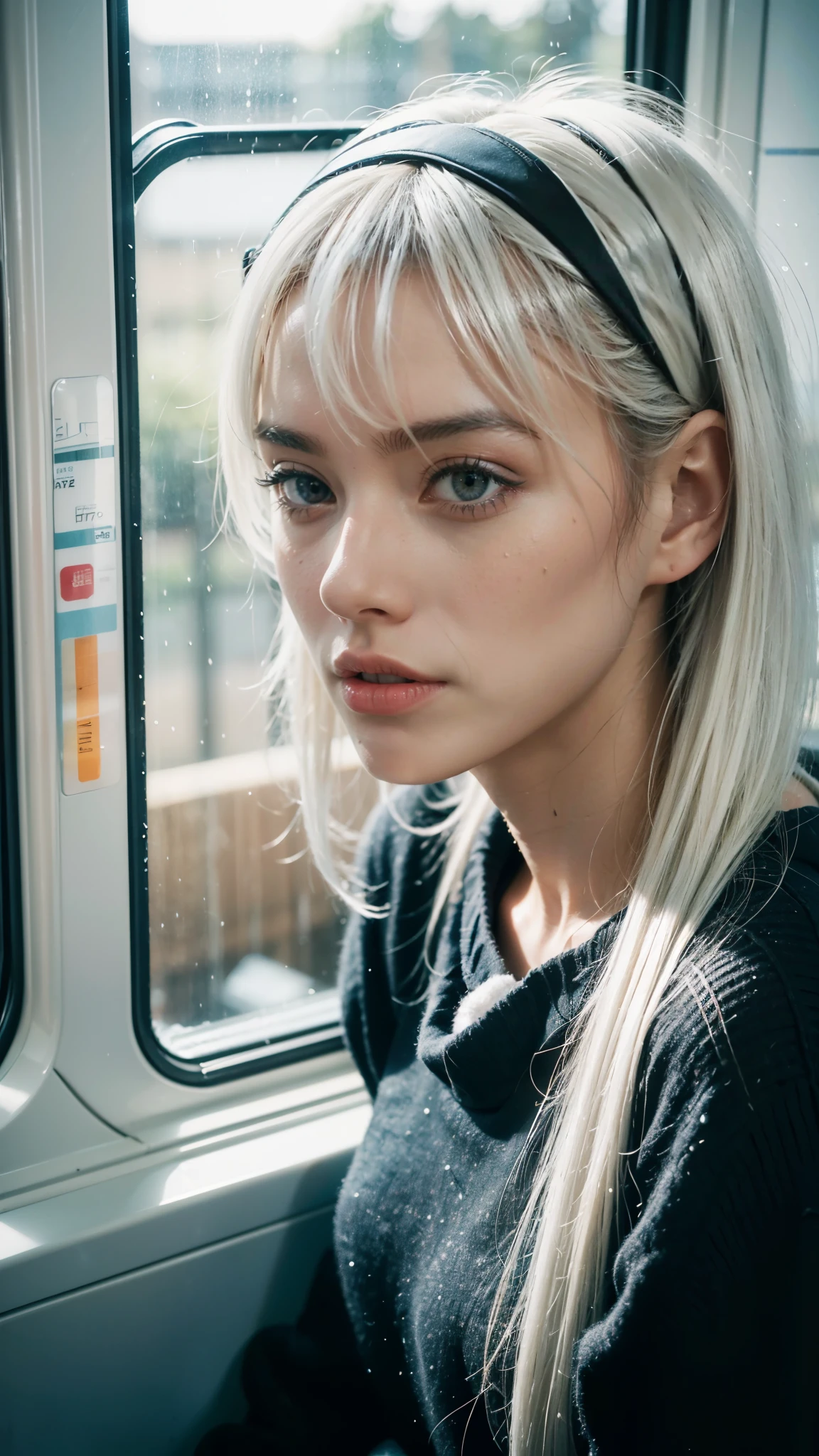 (polaroid photograph, It looks like a photo taken with a Polaroid camera:1.1), Water droplets on window, It was raining heavily outside, Strong fluorescent lamps, Sitting samurai girl, 25 yo, (hair with bangs:1.2), (Eye fatigue hair, white Hair flap hair:1.36),Faint lips, Cowboy shot, Front view, wearing an off-shoulder sweater , In the train, rural landscape, window, In the seat, Natural skin texture, hyper photorealism, hdr, ultra - detailed, RAW photo, Photorealistic, Best quality, A high resolution, Realistic, 8K, Caustics, Dynamic light, Beautiful and delicate lips, Delicate fingers, detailedpupils, Real human skin,