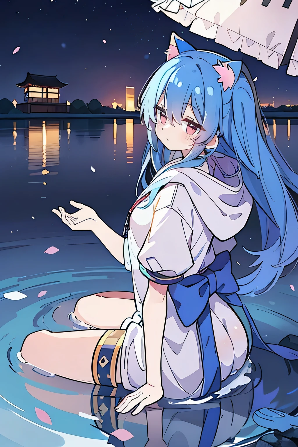 (masterpiece:1.2),Super detailed,lifelike,Expressive eyes,fair skin,perfect face shape,1 girl,
Japanese comics,Gorgeous blue hair,flowing blue hair,flowing clothes,Cat ears,Petals fall,beautiful lola,Baby Angel,
Shaking head with one hand,Cross your legs,Gentle and peaceful background,The pavilion is cool and comfortable,smile, wearing hoodie, background of tokyo,back views,snowing, winter,lie on the water.