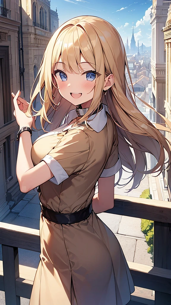 (Masterpiece, Top quality: 1.5), from behind:1.2, upper body, 1 beautiful girl, solo, blond, (Short sleeve dress with collar :1.3) , blond hair, long hair, wave hair, Hair swaying in the wind, (15 year old:1.2), medium breasts, standard weight, one knapsack, (smile:1.5), blush :1.2, open mouth, beautiful scene , Mediterranean cityscape, (magnificent panorama view:1.2), dynamic pose